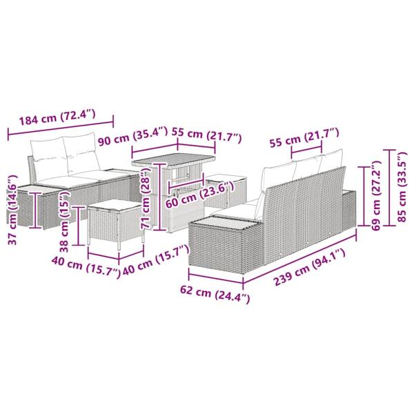8-teiliges Garten-Sofa-Set mit Kissen Beige Poly Rattan Akazie, 3-teiliges Garten-Esszimmer-Set mit Kissen Beige Poly Rattan Akazie
