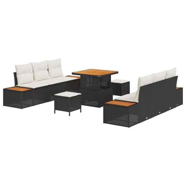 9-teiliges Garten-Sofa-Set mit Kissen Schwarz Poly-Rattan Akazie, 3-teiliges Garten-Ess-Set mit Kissen Schwarz Poly-Rattan Akazie