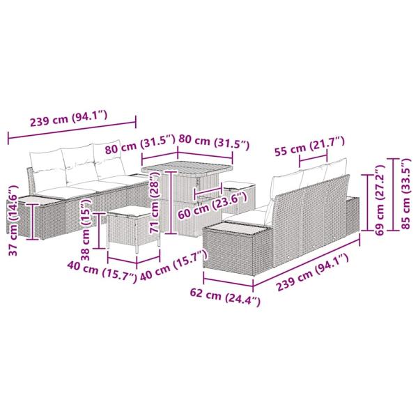 9-teiliges Garten-Sofa-Set mit Kissen Schwarz Poly-Rattan Akazie, 3-teiliges Garten-Ess-Set mit Kissen Schwarz Poly-Rattan Akazie