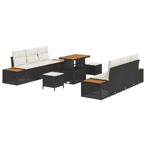 9-teiliges Garten-Sofa-Set mit Kissen Schwarz Poly-Rattan Akazie, 3-teiliges Garten-Dining-Set mit Kissen Schwarz Poly-Rattan Akazie