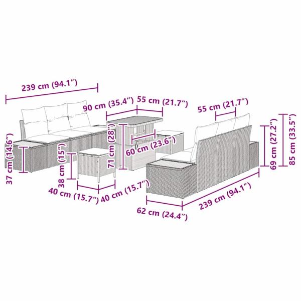 9-teiliges Garten Sofa Set mit Kissen Grau Poly Rattan Akazie, 3-teiliges Garten Esszimmer Set mit Kissen Grau Poly Rattan Akazie