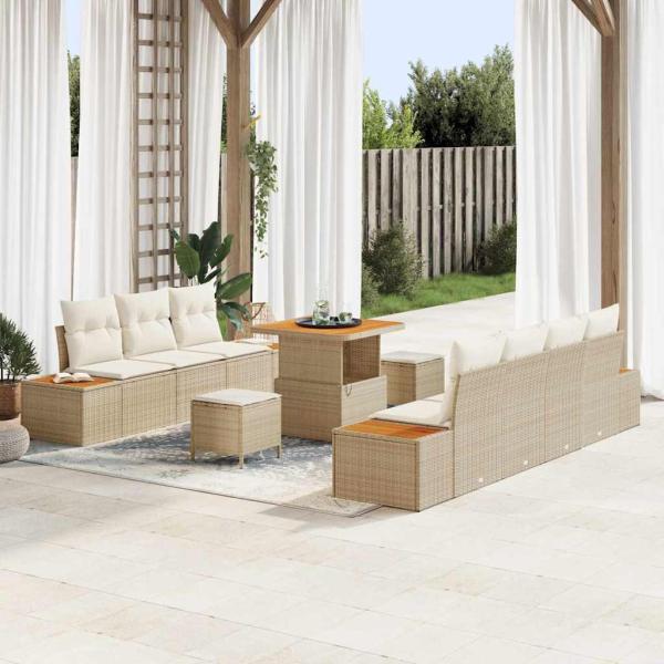 ARDEBO.de - 10-teiliges Garten Sofa Set mit Kissen Beige Poly Rattan Akazie, 3-teiliges Garten Esstischset mit Kissen Beige Poly Rattan Akazie