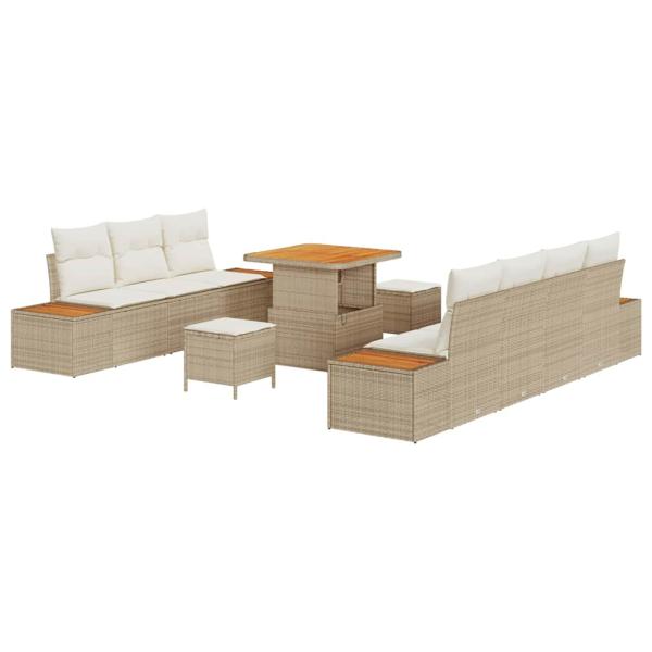 10-teiliges Garten Sofa Set mit Kissen Beige Poly Rattan Akazie, 3-teiliges Garten Esstischset mit Kissen Beige Poly Rattan Akazie