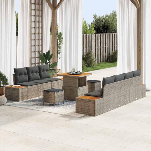 ARDEBO.de - 10-teiliges Garten Sofa Set mit Kissen Grau Poly Rattan Akazie, 3-teiliges Garten Essset mit Kissen Grau Poly Rattan Akazie
