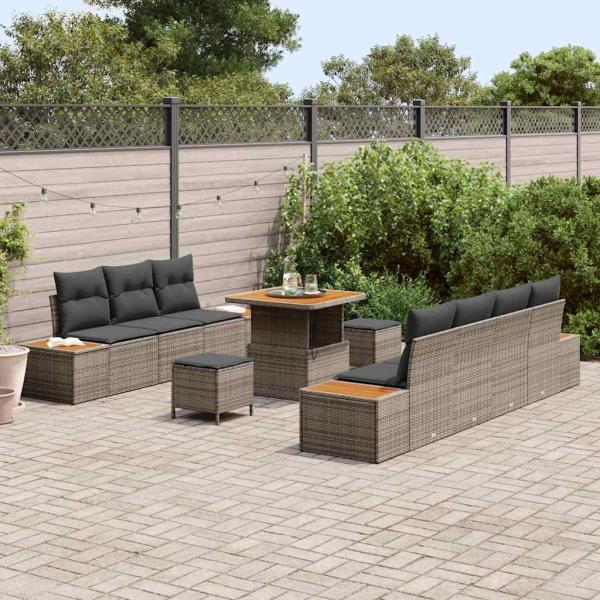 10-teiliges Garten Sofa Set mit Kissen Grau Poly Rattan Akazie, 3-teiliges Garten Essset mit Kissen Grau Poly Rattan Akazie
