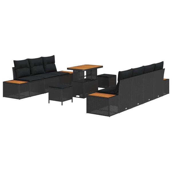 10-teiliges Garten Sofa Set mit Kissen Schwarz Poly Rattan Akazie, 3-teiliges Garten Ess Set mit Kissen Schwarz Poly Rattan Akazie
