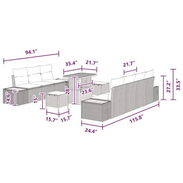10-teiliges Garten Sofa Set mit Kissen Schwarz Poly Rattan Akazie, 3-teiliges Garten Ess Set mit Kissen Schwarz Poly Rattan Akazie