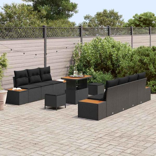 10-teiliges Garten Sofa Set mit Kissen Schwarz Poly Rattan Akazie, 3-teiliges Garten Ess Set mit Kissen Schwarz Poly Rattan Akazie