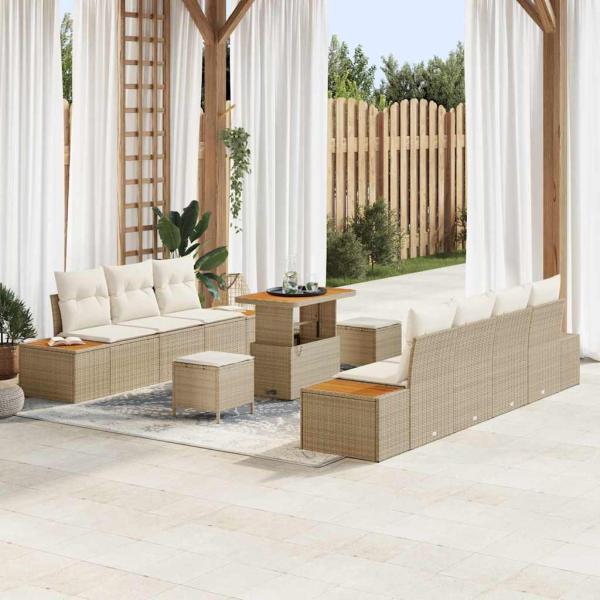 ARDEBO.de - 10-teiliges Garten-Sofa-Set mit Kissen Beige Poly Rattan Akazie, 3-teiliges Garten-Ess-Set mit Kissen Beige Poly Rattan Akazie