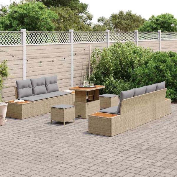 10-teiliges Garten Sofa Set mit Kissen Beige Poly Rattan Akazie, 3-teiliges Garten Esszimmer Set mit Kissen Beige Poly Rattan Akazie