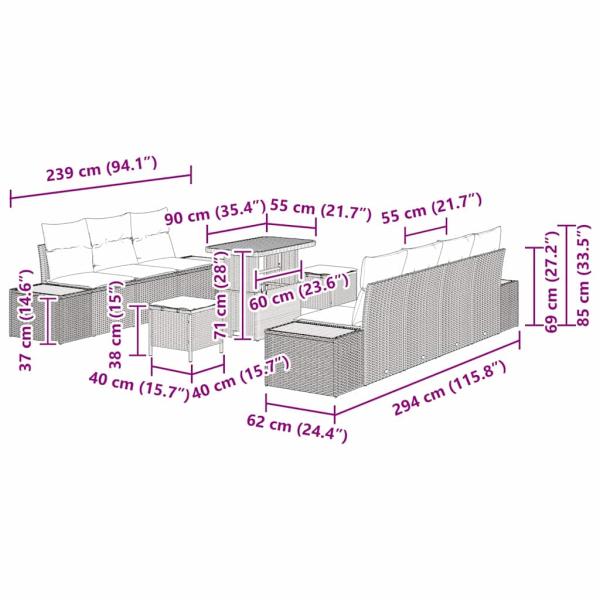10-teiliges Garten-Sofa-Set mit Kissen Grau Poly Rattan Akazie, 3-teiliges Garten-Ess-Set mit Kissen Grau Poly Rattan Akazie