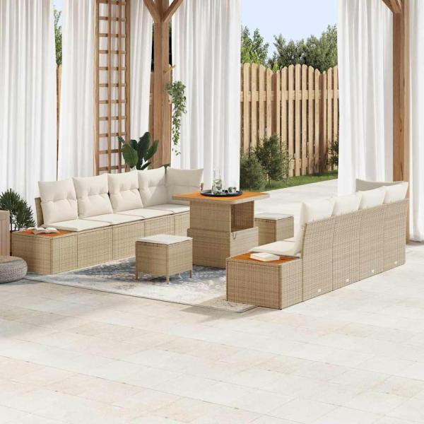 ARDEBO.de - 11-teiliges Garten Sofa Set mit Kissen Beige Poly Rattan Akazie, 3-teiliges Garten Esszimmer Set mit Kissen Beige Poly Rattan Akazie