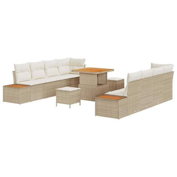 11-teiliges Garten Sofa Set mit Kissen Beige Poly Rattan Akazie, 3-teiliges Garten Esszimmer Set mit Kissen Beige Poly Rattan Akazie