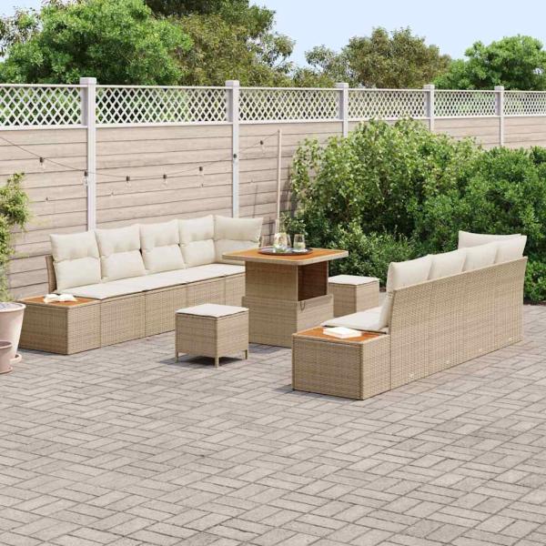 11-teiliges Garten Sofa Set mit Kissen Beige Poly Rattan Akazie, 3-teiliges Garten Esszimmer Set mit Kissen Beige Poly Rattan Akazie