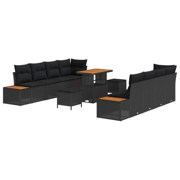 ARDEBO.de - 11-teiliges Garten Sofa Set mit Kissen Schwarz Poly Rattan Akazie, 3-teiliges Garten Essset mit Kissen Schwarz Poly Rattan Akazie