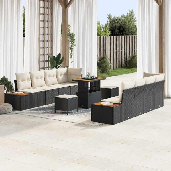 ARDEBO.de - 11-teiliges Garten Sofa Set mit Kissen, schwarzes Poly Rattan Akazie, 3-teiliges Garten Esstischset mit Kissen, schwarzes Poly Rattan Akazie