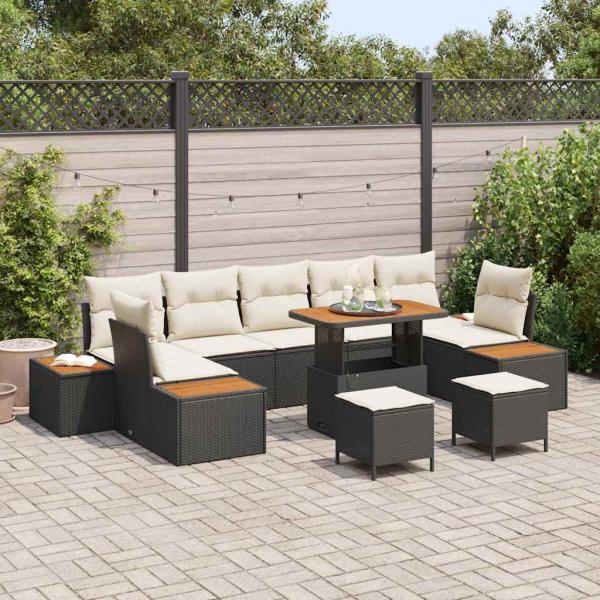 ARDEBO.de - 10-teiliges Garten Sofa Set mit Kissen schwarzes Poly-Rattan Akazie, 3-teiliges Garten Essset mit Kissen schwarzes Poly-Rattan Akazie