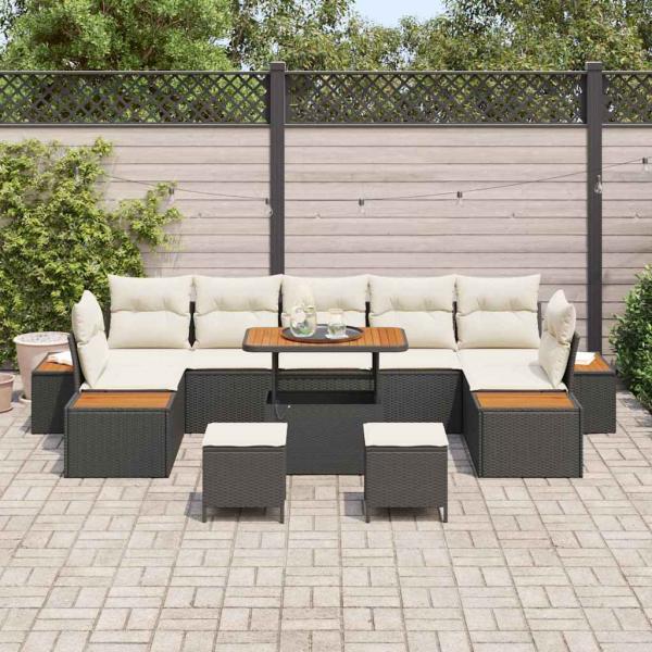 10-teiliges Garten Sofa Set mit Kissen schwarzes Poly-Rattan Akazie, 3-teiliges Garten Essset mit Kissen schwarzes Poly-Rattan Akazie