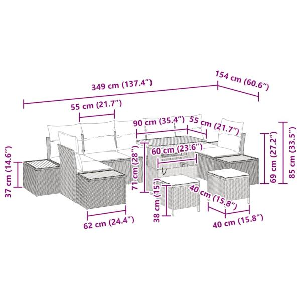 10-teiliges Garten Sofa Set mit Kissen grau Poly-Rattan Akazie, 3-teiliges Garten Ess Set mit Kissen grau Poly-Rattan Akazie