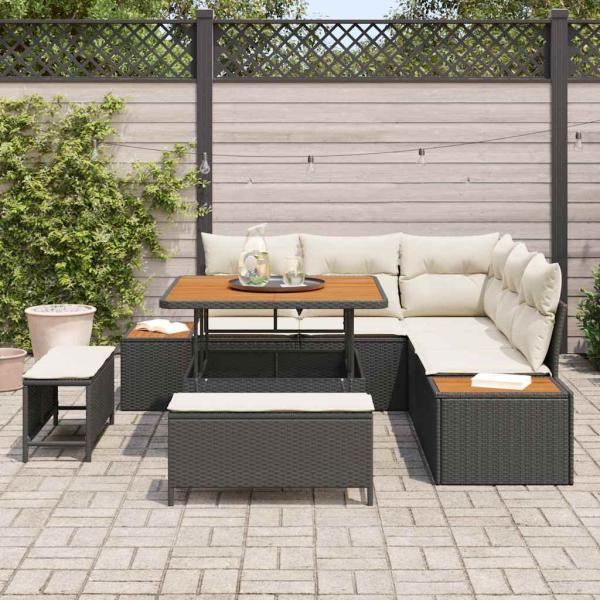 8-teiliges Garten Sofa Set mit Kissen Schwarz Poly Rattan Akazie, 3-teiliges Garten Essset mit Kissen Schwarz Poly Rattan Akazie