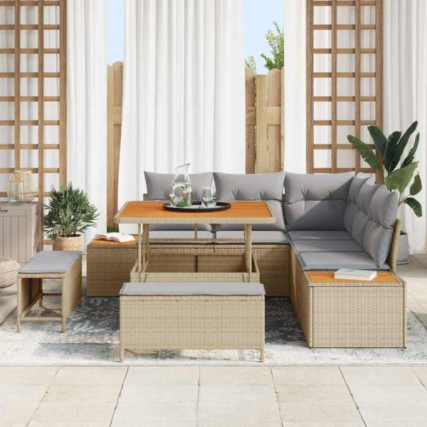 8-teiliges Garten-Sofa-Set mit Kissen Beige Poly-Rattan Akazie, 3-teiliges Garten-Essenset mit Kissen Beige Poly-Rattan Akazie