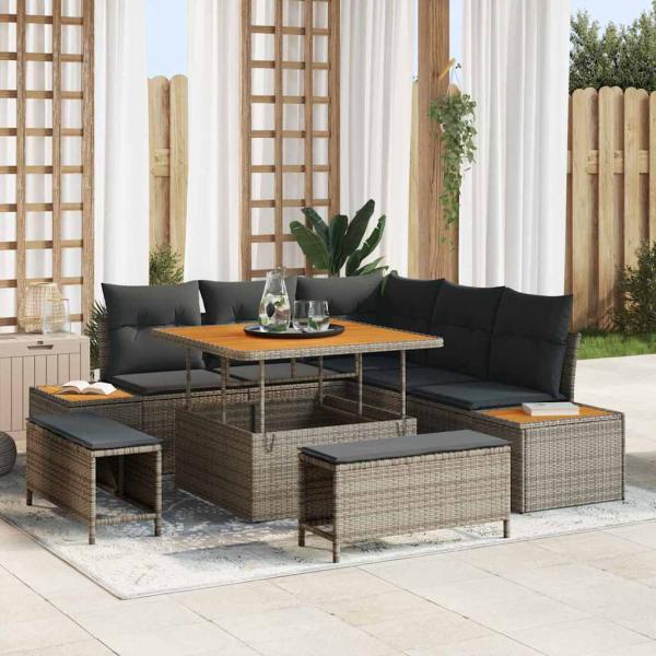 ARDEBO.de - 8-teiliges Garten Sofaset mit Kissen Grau Poly-Rattan Akazie, 3-teiliges Garten Esszimmer Set mit Kissen Grau Poly-Rattan Akazie