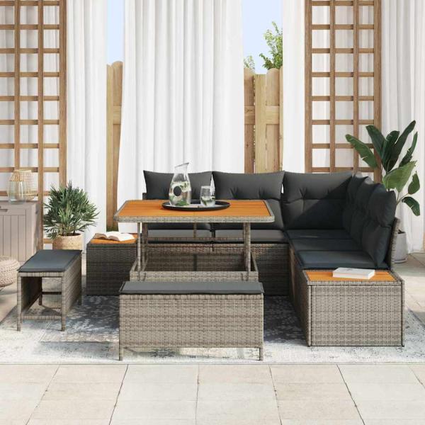 8-teiliges Garten Sofaset mit Kissen Grau Poly-Rattan Akazie, 3-teiliges Garten Esszimmer Set mit Kissen Grau Poly-Rattan Akazie