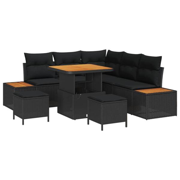 8-teiliges Garten-Sofa-Set mit Kissen Schwarz Poly-Rattan Akazie, 3-teiliges Garten-Essbereich-Set mit Kissen Schwarz Poly-Rattan Akazie
