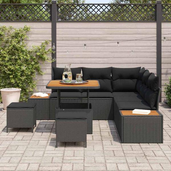 8-teiliges Garten-Sofa-Set mit Kissen Schwarz Poly-Rattan Akazie, 3-teiliges Garten-Essbereich-Set mit Kissen Schwarz Poly-Rattan Akazie