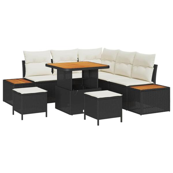 8-teiliges Garten-Sofa-Set mit Kissen Schwarz Poly-Rattan Akazie, 3-teiliges Garten-Esszimmer-Set mit Kissen Schwarz Poly-Rattan Akazie