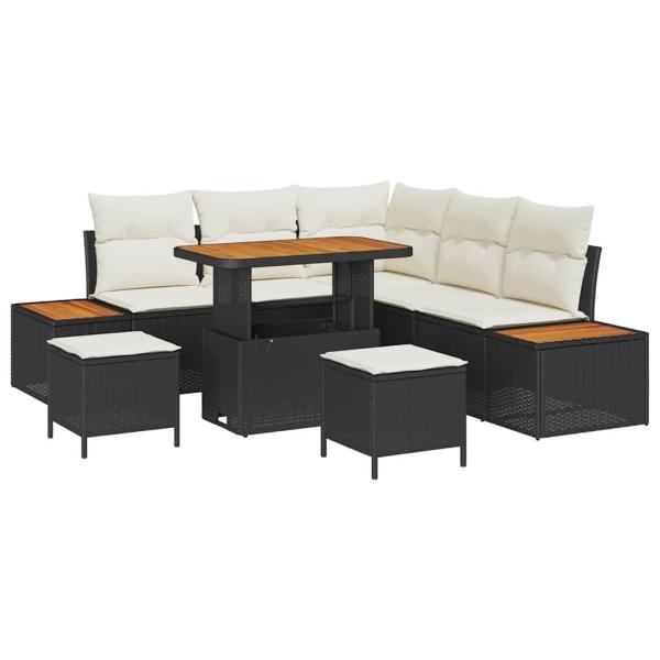 8-teiliges Garten Sofa Set mit Kissen Schwarz Poly Rattan Akazie, 3-teiliges Garten Essset mit Kissen Schwarz Poly Rattan Akazie