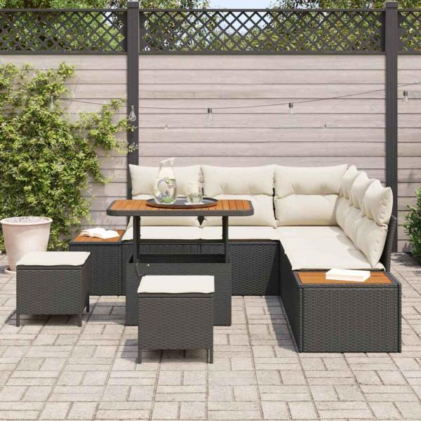 8-teiliges Garten Sofa Set mit Kissen Schwarz Poly Rattan Akazie, 3-teiliges Garten Essset mit Kissen Schwarz Poly Rattan Akazie
