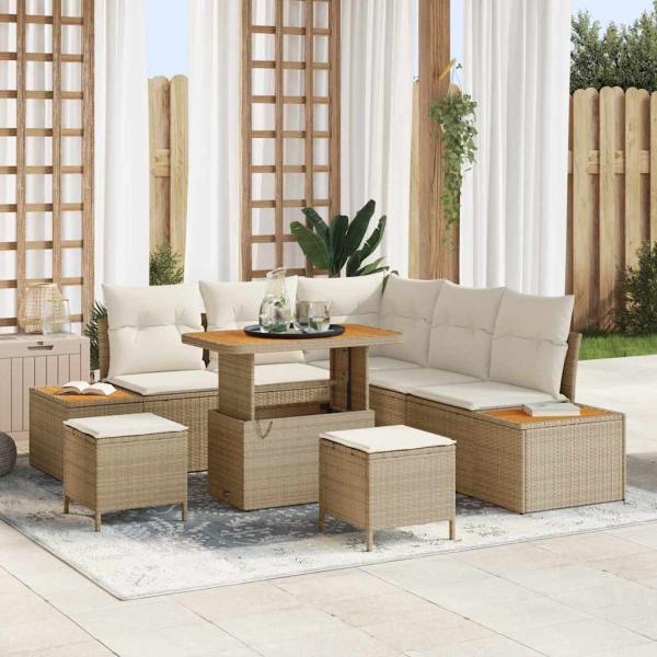 ARDEBO.de - 8-teiliges Garten-Sofa-Set mit Kissen Beige Poly-Rattan Akazie, 3-teiliges Garten-Esszimmer-Set mit Kissen Beige Poly-Rattan Akazie