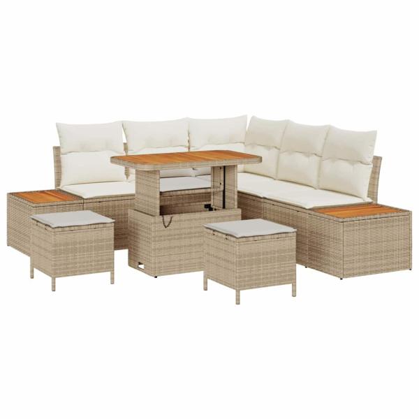 8-teiliges Garten-Sofa-Set mit Kissen Beige Poly-Rattan Akazie, 3-teiliges Garten-Esszimmer-Set mit Kissen Beige Poly-Rattan Akazie