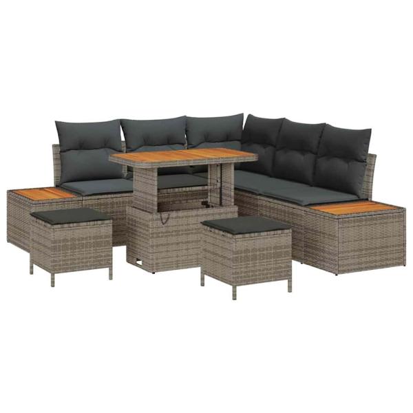 ARDEBO.de - 8-teiliges Garten Sofa Set mit Kissen Grau Poly Rattan Akazie, 3-teiliges Garten Essenset mit Kissen Grau Poly Rattan Akazie