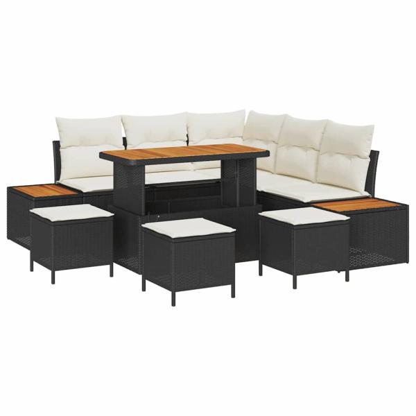 9-teiliges Garten-Sofa-Set mit Kissen Schwarz Poly-Rattan Akazie, 4-teiliges Garten-Esszimmer-Set mit Kissen Schwarz Poly-Rattan Akazie