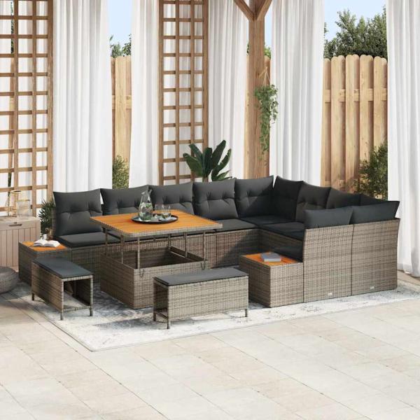 ARDEBO.de - 12-teiliges Garten Sofa Set mit Kissen Grau Poly Rattan Akazie, 3-teiliges Garten Esstisch Set mit Kissen Grau Poly Rattan Akazie