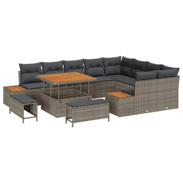 12-teiliges Garten Sofa Set mit Kissen Grau Poly Rattan Akazie, 3-teiliges Garten Esstisch Set mit Kissen Grau Poly Rattan Akazie