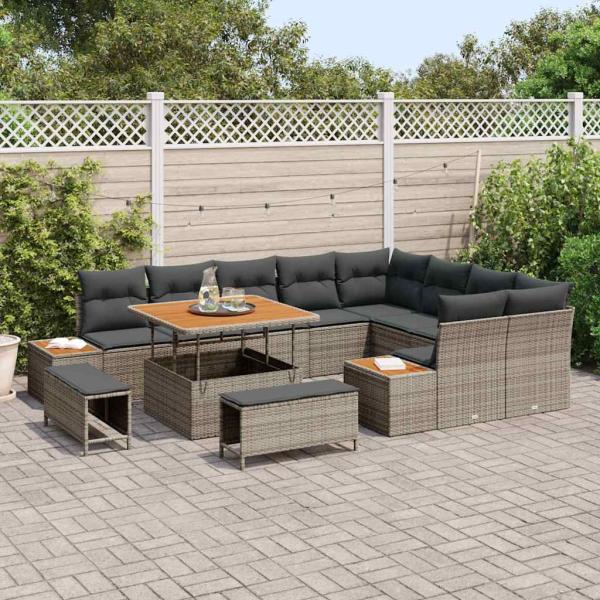 12-teiliges Garten Sofa Set mit Kissen Grau Poly Rattan Akazie, 3-teiliges Garten Esstisch Set mit Kissen Grau Poly Rattan Akazie