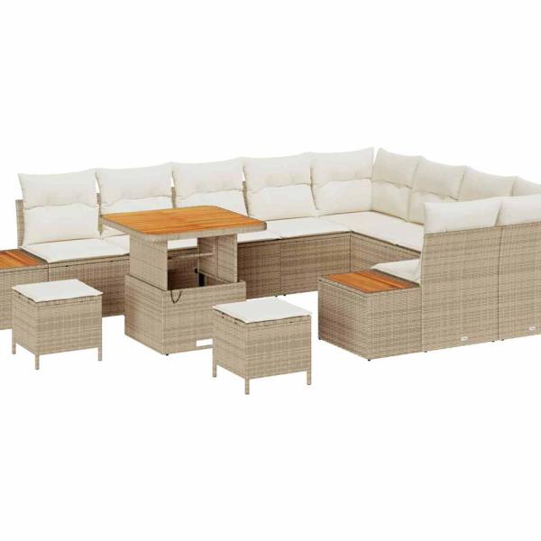 12-teiliges Garten-Sofa-Set mit Kissen in beigem Poly-Rattan und Akazie, 3-teiliges Garten-Ess-Set mit Kissen in beigem Poly-Rattan und Akazie