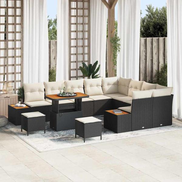 ARDEBO.de - 12-teiliges Garten-Sofa-Set mit Kissen in Schwarz aus Poly-Rattan und Akazienholz, 3-teiliges Garten-Esszimmer-Set mit Kissen in Schwarz aus Poly-Rattan und Akazienholz