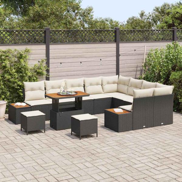 12-teiliges Garten-Sofa-Set mit Kissen in Schwarz aus Poly-Rattan und Akazienholz, 3-teiliges Garten-Esszimmer-Set mit Kissen in Schwarz aus Poly-Rattan und Akazienholz