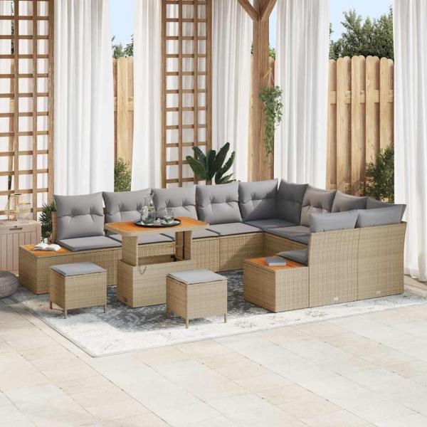 ARDEBO.de - 12-teiliges Garten Sofa Set mit Kissen Beige Poly-Rattan Akazie, 3-teiliges Garten Esstisch Set mit Kissen Beige Poly-Rattan Akazie
