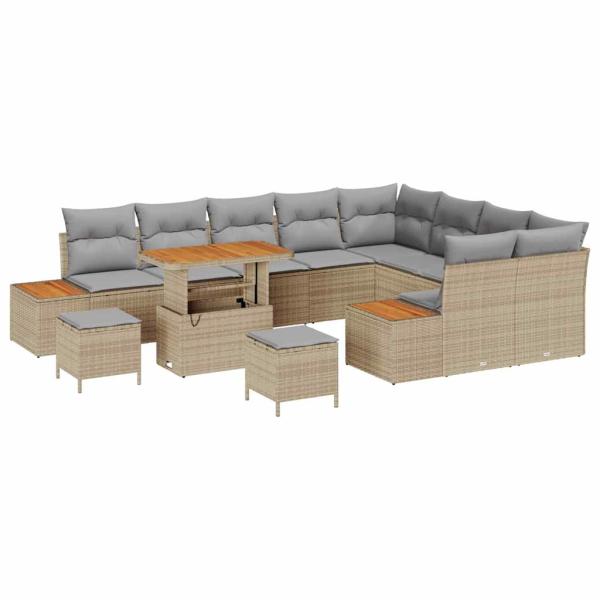 12-teiliges Garten Sofa Set mit Kissen Beige Poly-Rattan Akazie, 3-teiliges Garten Esstisch Set mit Kissen Beige Poly-Rattan Akazie