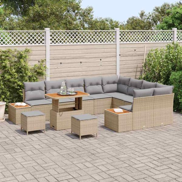 12-teiliges Garten Sofa Set mit Kissen Beige Poly-Rattan Akazie, 3-teiliges Garten Esstisch Set mit Kissen Beige Poly-Rattan Akazie
