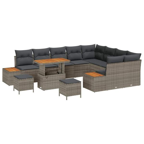 12-teiliges Garten-Sofa-Set mit Kissen Grau Poly-Rattan Akazie, 3-teiliges Garten-Dining-Set mit Kissen Grau Poly-Rattan Akazie