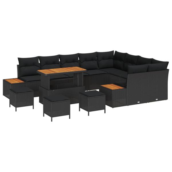 ARDEBO.de - 13-teiliges Garten Sofa Set mit Kissen Schwarz Poly Rattan Akazie, 4-teiliges Garten Essset mit Kissen Schwarz Poly Rattan Akazie