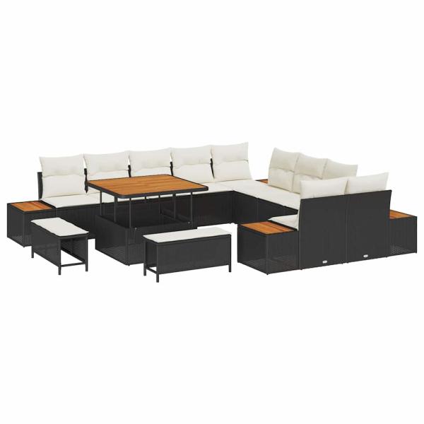 13-teiliges Garten Sofa Set mit Kissen Schwarz Poly Rattan Akazie, 3-teiliges Garten Esstisch Set mit Kissen Schwarz Poly Rattan Akazie