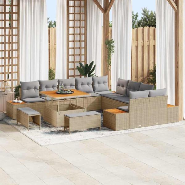 ARDEBO.de - 13-teiliges Garten Sofa Set mit Kissen Beige Poly Rattan Akazie, 3-teiliges Garten Essset mit Kissen Beige Poly Rattan Akazie