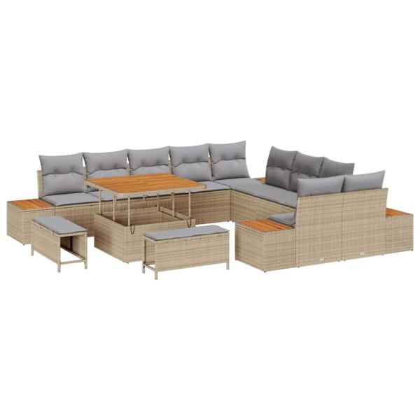 13-teiliges Garten Sofa Set mit Kissen Beige Poly Rattan Akazie, 3-teiliges Garten Essset mit Kissen Beige Poly Rattan Akazie